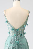 Glitter Grey Green Spaghetti Straps Lace Flower Long Corset Prom Dress