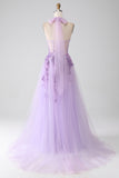 Grey Purple A-Line Halter Neck Beaded Long Prom Dress