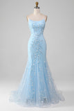Mermaid Blush Spaghetti Straps Prom Dress with Appliques