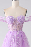 Light Purple A-Line Off The Shoulder Beaded Corset Prom Dress