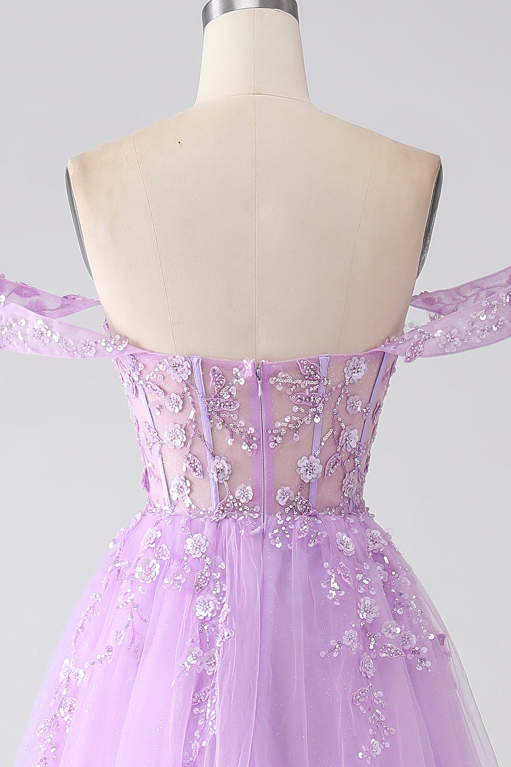 Light Purple A-Line Off The Shoulder Beaded Corset Prom Dress