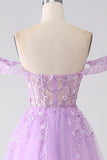 Light Purple A-Line Off The Shoulder Beaded Corset Prom Dress
