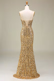 Sparkly Mermaid Golden Long Prom Dress with Slit