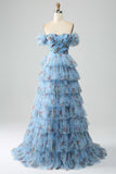Off the Shoulder Floral Printed Tiered Prom Dress with Pleated