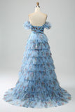 Off the Shoulder Floral Printed Tiered Prom Dress with Pleated