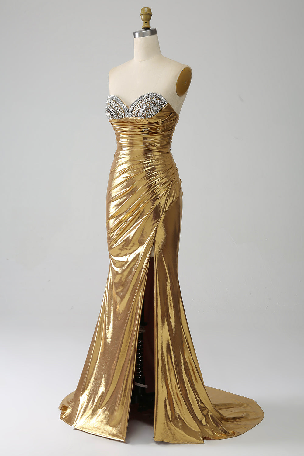 Golden Mermaid Strapless Long Metallic Prom Dress with Slit