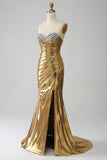 Golden Mermaid Strapless Long Metallic Prom Dress with Slit