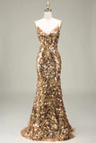 Sparkly Golden Mermaid Sequin Prom Dress With Slit