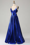 Royal Blue A-Line Spaghetti Straps Prom Dress with Slit