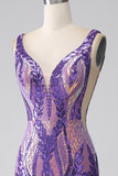 Dark Purple Mermaid V Neck Sequins Long Prom Dress
