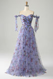 Lavender Floral Print Tulle Prom Dress with Pleated