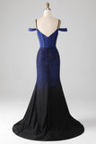 Sparkly Navy Mermaid Long Corset Prom Dress with Slit