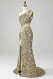 Golden One Shoulder Fringe Sequin Prom Dress With Slit