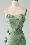 Mermaid Spaghetti Straps Green Corset Prom Dress with Appliques