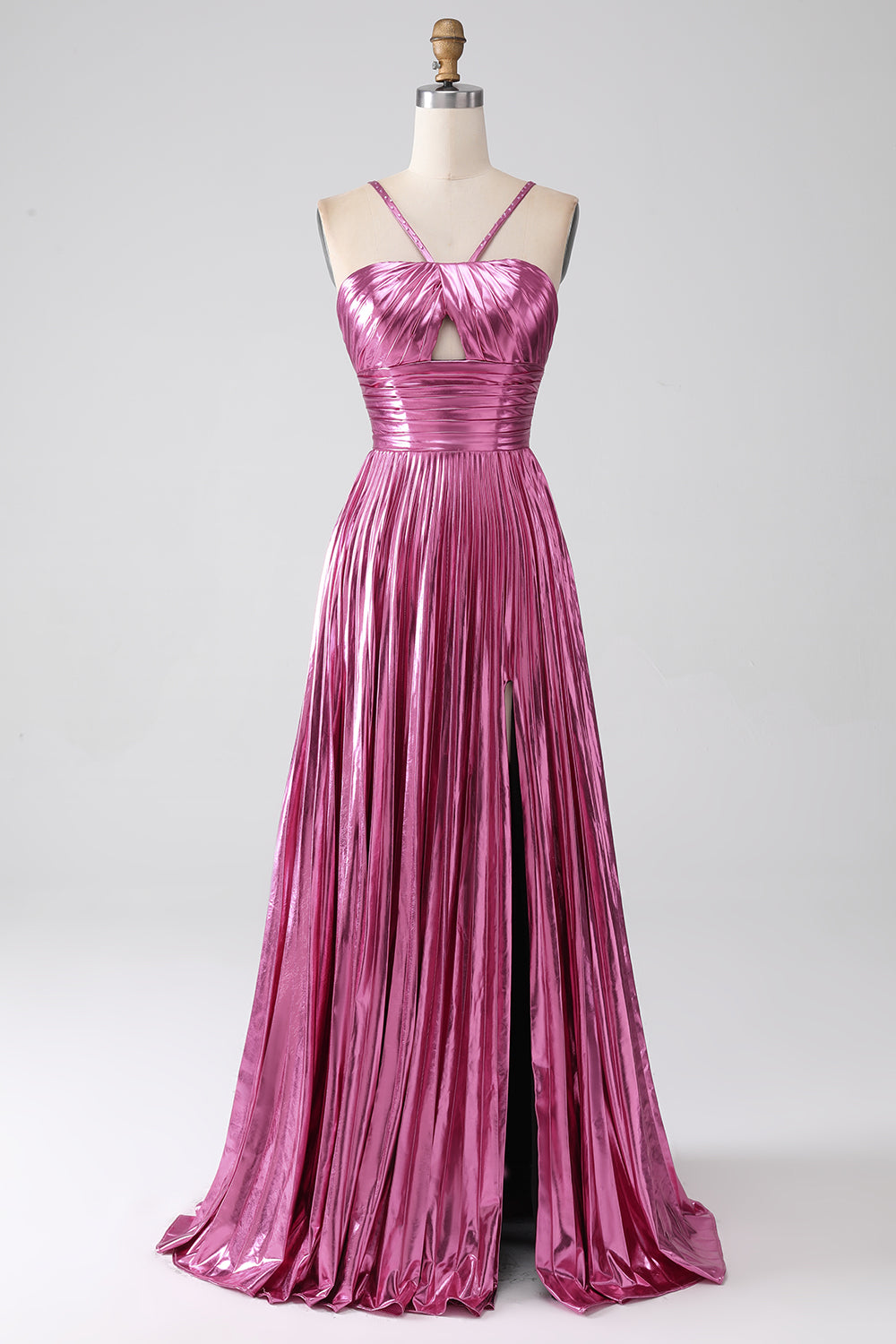 Fuchsia A-Line Spaghetti Straps Pleated Metallic Prom Dress with Slit