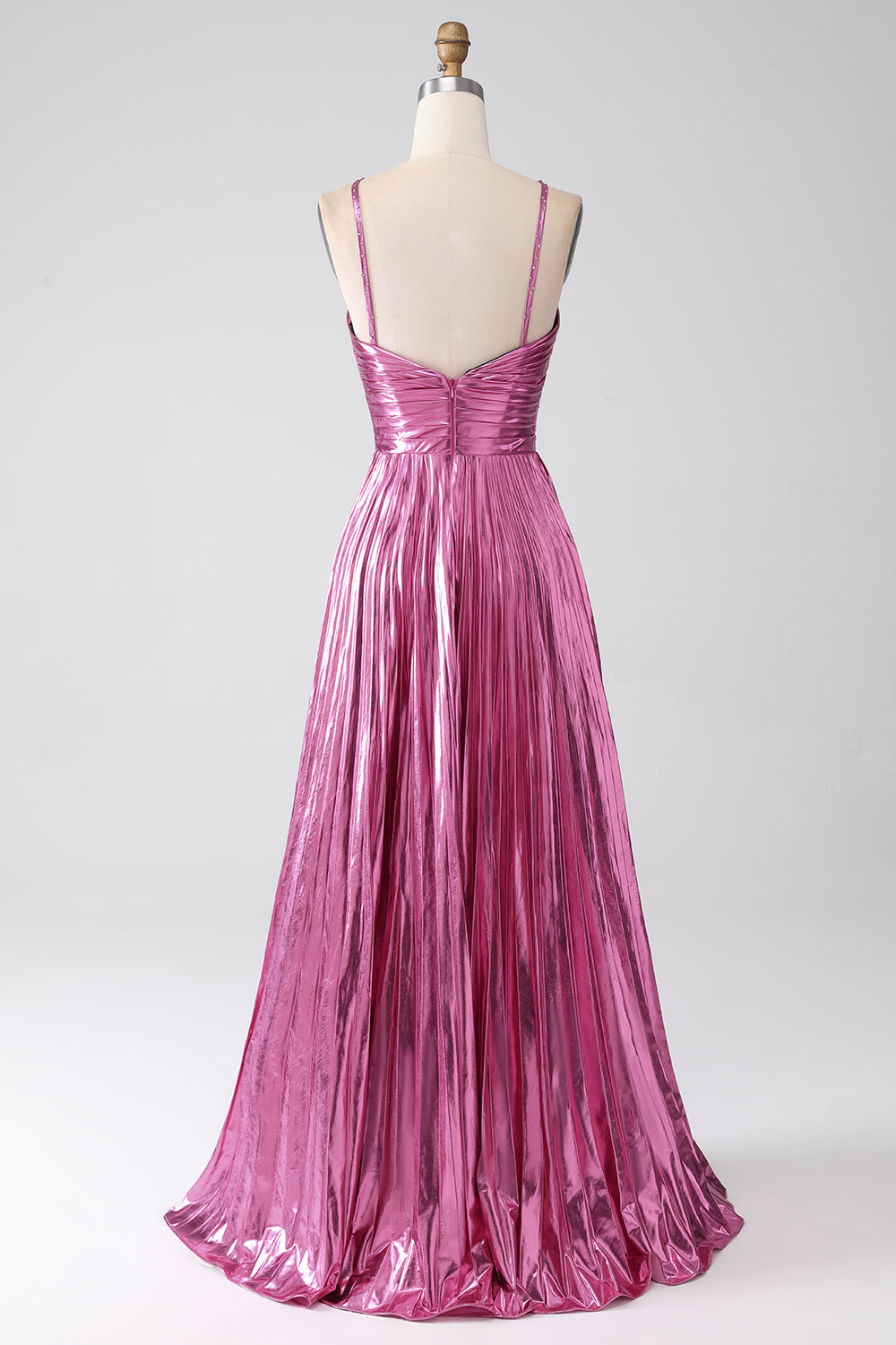 Fuchsia A-Line Spaghetti Straps Pleated Metallic Prom Dress with Slit