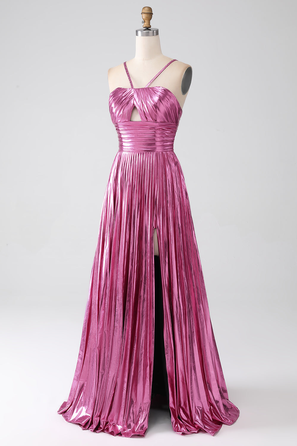 Fuchsia A-Line Spaghetti Straps Pleated Metallic Prom Dress with Slit