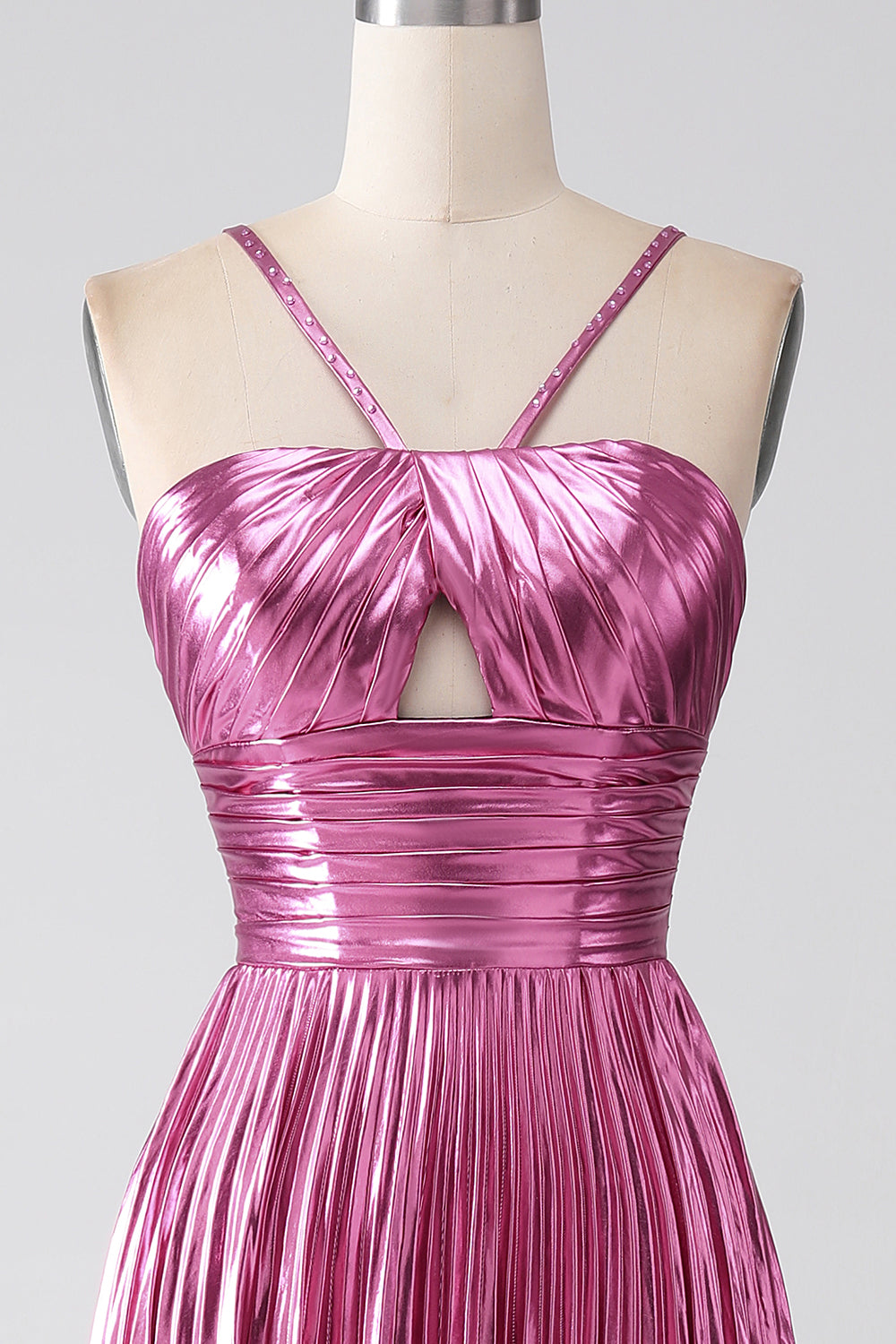 Fuchsia A-Line Spaghetti Straps Pleated Metallic Prom Dress with Slit