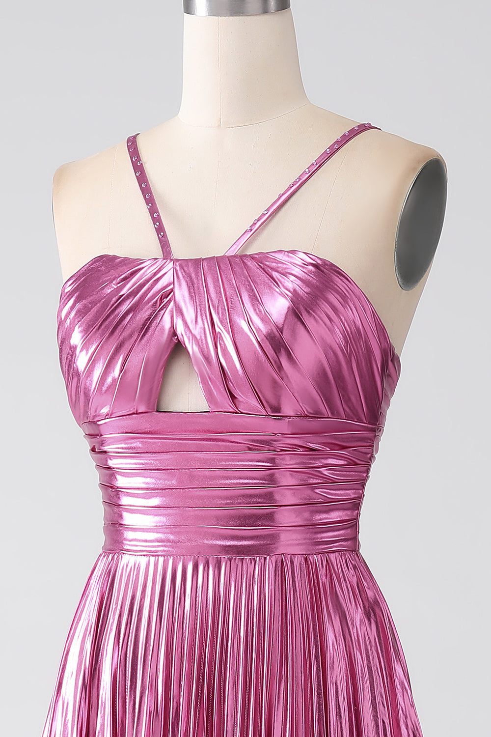 Fuchsia A-Line Spaghetti Straps Pleated Metallic Prom Dress with Slit