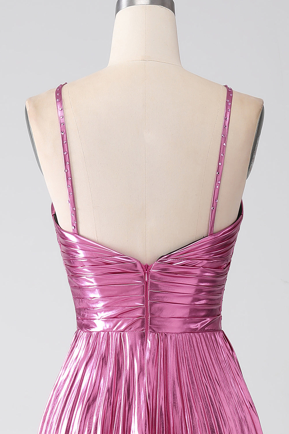 Fuchsia A-Line Spaghetti Straps Pleated Metallic Prom Dress with Slit