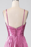 Fuchsia A-Line Spaghetti Straps Pleated Metallic Prom Dress with Slit