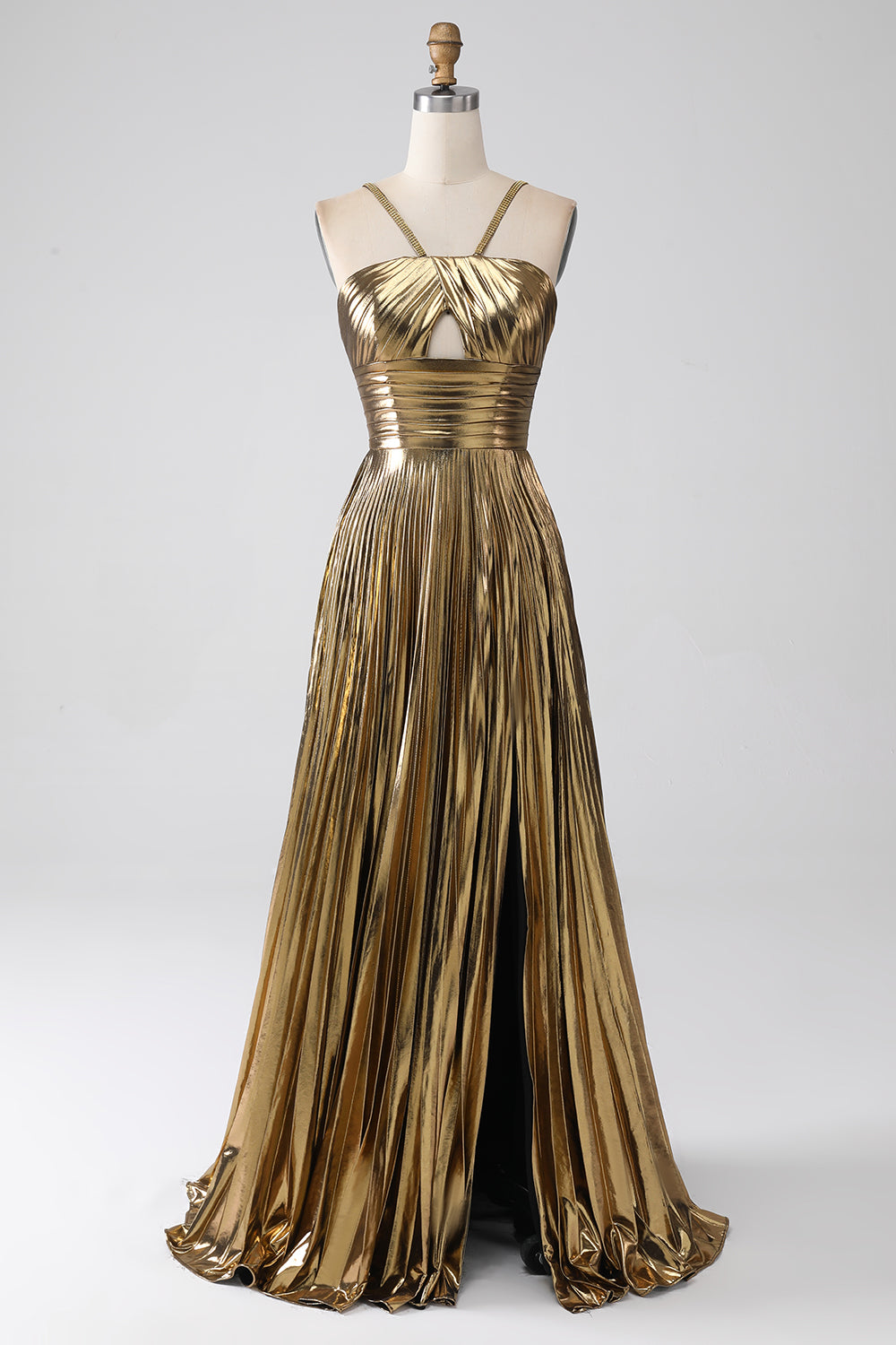 Fuchsia A-Line Spaghetti Straps Pleated Metallic Prom Dress with Slit