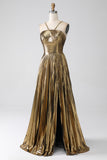 Fuchsia A-Line Spaghetti Straps Pleated Metallic Prom Dress with Slit