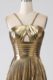Fuchsia A-Line Spaghetti Straps Pleated Metallic Prom Dress with Slit