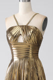 Fuchsia A-Line Spaghetti Straps Pleated Metallic Prom Dress with Slit