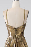 Fuchsia A-Line Spaghetti Straps Pleated Metallic Prom Dress with Slit