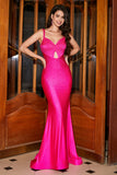 Hot Pink Sparkly Mermaid Cut Out Long Prom Dress
