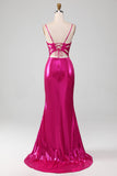 Sparkly Hot Pink Mermaid Simple Prom Dress With Slit