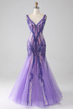 Sparkly Purple Mermaid V Neck Sequins Long Prom Dress