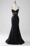 Mermaid Black Spaghetti Straps Long Prom Dress with Slit