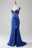 Royal Blue Mermaid Corset Prom Dress with Beading