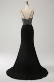 Mermaid Black Spaghetti Straps  Long Corset Prom Dress with Slit