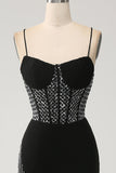 Mermaid Black Spaghetti Straps  Long Corset Prom Dress with Slit
