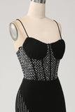 Mermaid Black Spaghetti Straps  Long Corset Prom Dress with Slit
