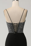 Mermaid Black Spaghetti Straps  Long Corset Prom Dress with Slit