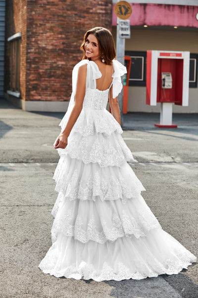 Zapaka Women White A-Line Tiered Lace Wedding Dress Spaghetti Straps Bridal Dress, White / US2