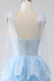 Light Blue Sweetheart Bow Tie Straps Tiered Tulle Sequin Prom Dress with Appliques