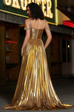 Sparkly Ruched Spaghetti Straps Beaded Metallic Prom Dress With Slit