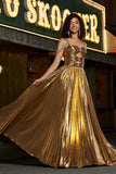 Sparkly Ruched Spaghetti Straps Beaded Metallic Prom Dress With Slit
