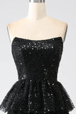 A-Line Sequins Black Tiered Prom Dress with Slit