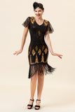 Black and Golden Sequins Fringes 1920s Gatsby Dress with 20s Accessories Set