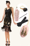 Black and Golden Sequins Fringes 1920s Gatsby Flapper Dress with 20s Accessories Set