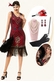 Burgundy Sequined Fringes 1920s Gatsby Flapper Dress with 20s Accessories Set