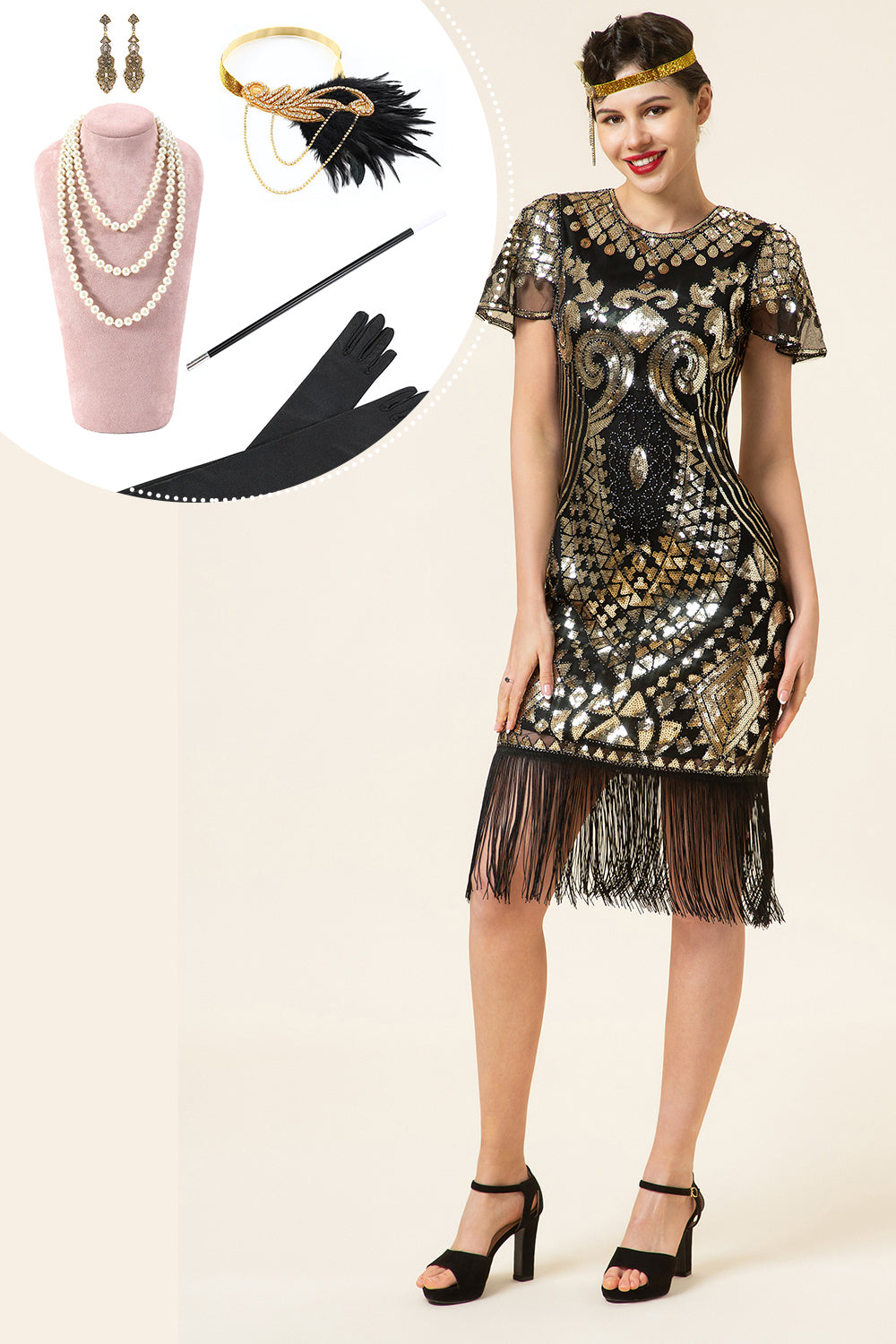 Black and Golden Cap Sleeves Sequined Fringes 1920s Gatsby Flapper Dress with 20s Accessories Set