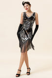 Silver Fringed Sequins Glitter Flapper Dress with 20s Accessories Set