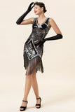 Silver Fringed Sequins Glitter Flapper Dress with 20s Accessories Set